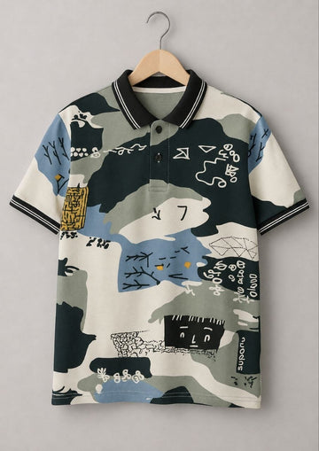 Boys Polo T-Shirt with Ribbed Collar,Boys Short Sleeve Polo Neck T-Shirt,Boys Casual Polo T-Shirt,Boys Regular Fit Polo T-Shirt,Boys Printed Polo T-Shirt