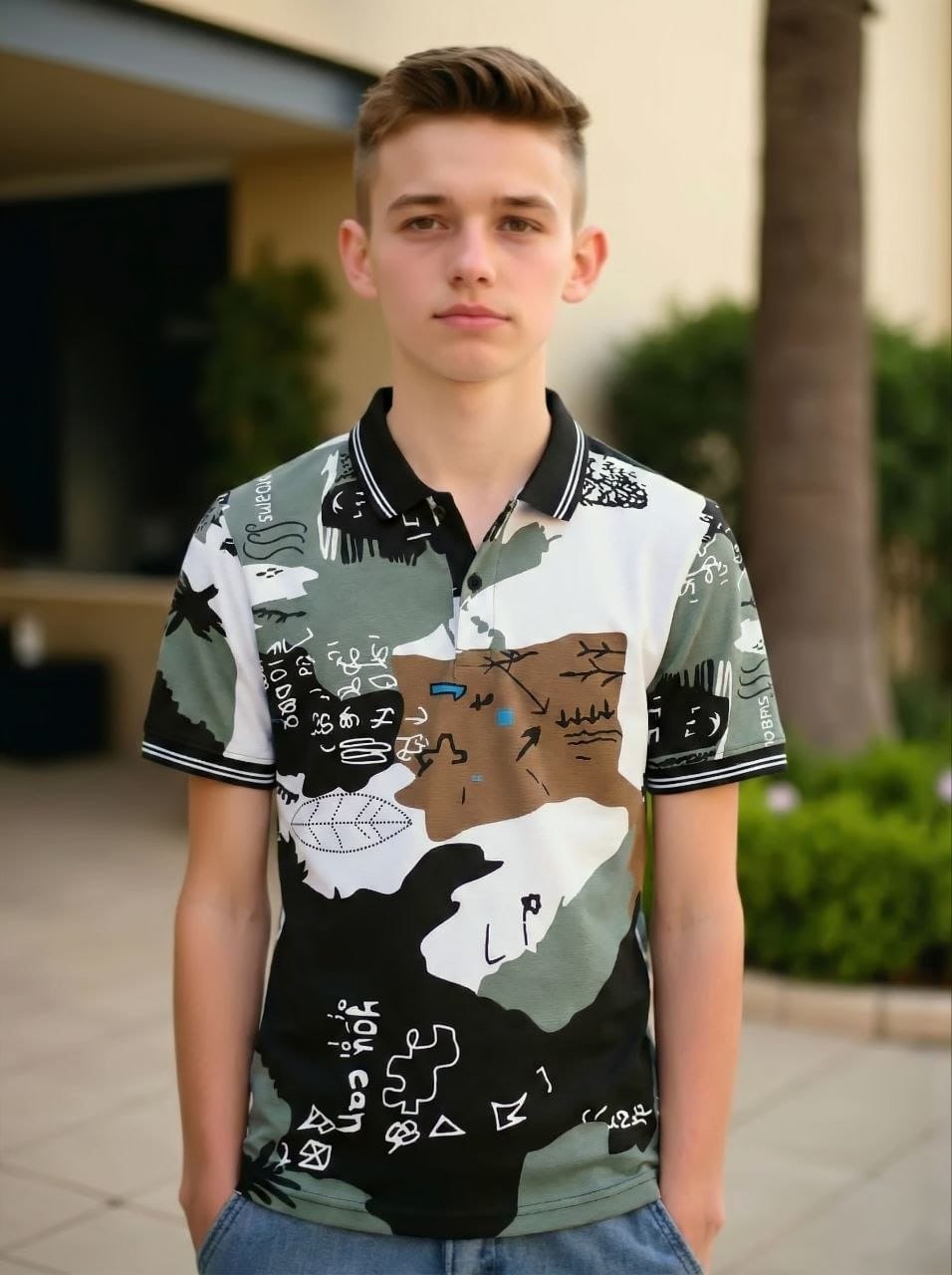 Boys Polo T-Shirt with Ribbed Collar,Boys Short Sleeve Polo Neck T-Shirt,Boys Casual Polo T-Shirt,Boys Regular Fit Polo T-Shirt,Boys Printed Polo T-Shirt